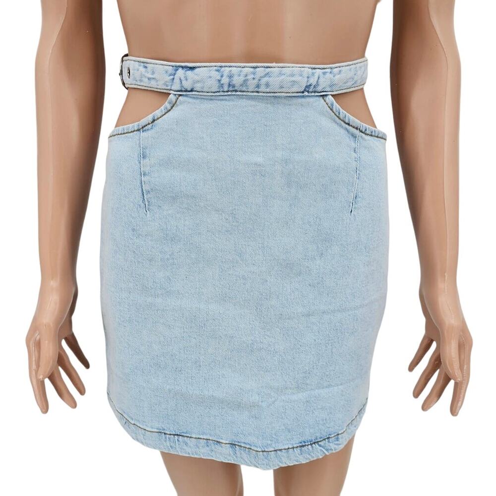 Revolve Weworewhat Womans size M Cut Out Denim Jean Skirt Indigo Light Wash NEW